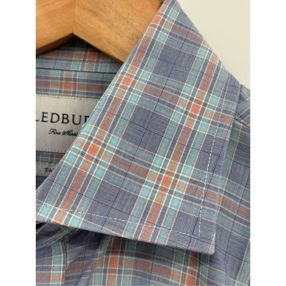 Ledbury Flannel Shirt Button Down Men Medium 15.5 Blue Orange Plaid Tailored Fit